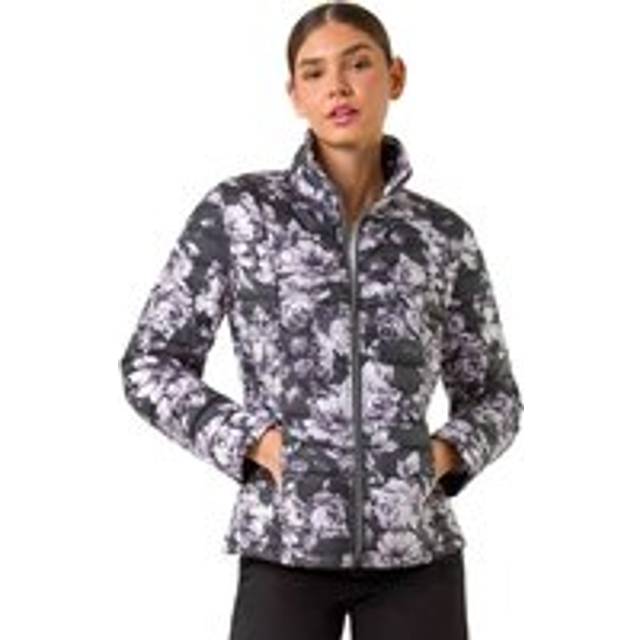 Floral Print Lightweight Quilted Coat - Grey - 12