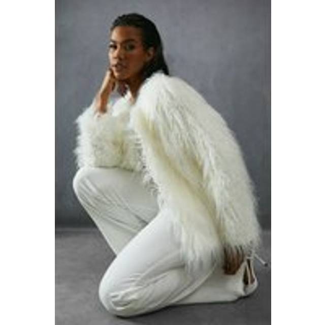 Womens Shaggy Faux Fur Coat - White - S