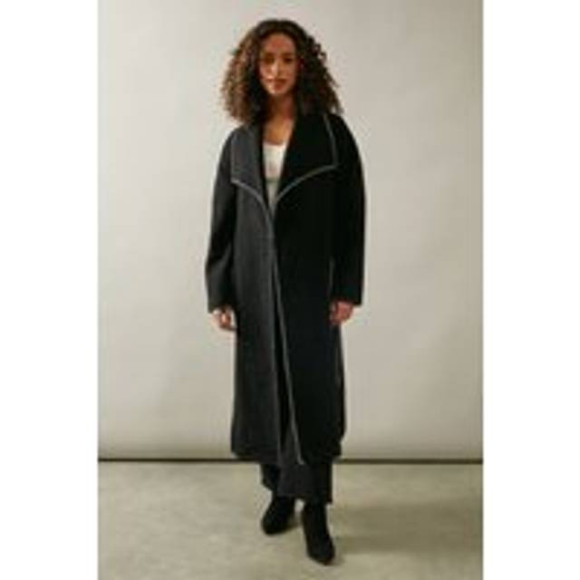 Womens Whip stitch Shawl Collar Belted Coatblack - Black - 10