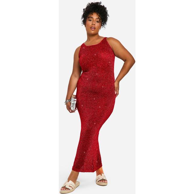 Womens Plus Glitter Knitted Maxi Dress - Red - 26, Red