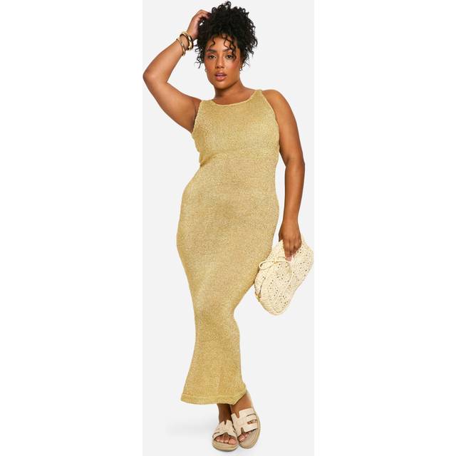 Womens Plus Glitter Knitted Maxi Dress - Yellow - 22, Yellow