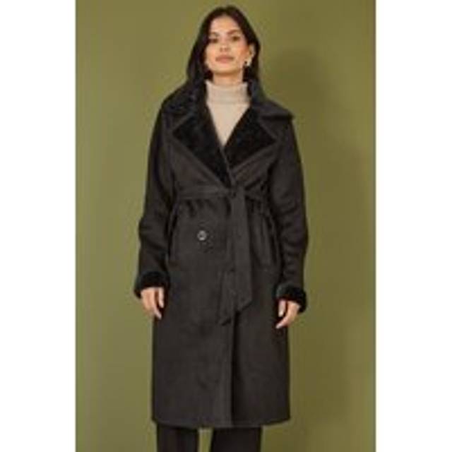 Yumi Trench Faux Fur Coat, Black