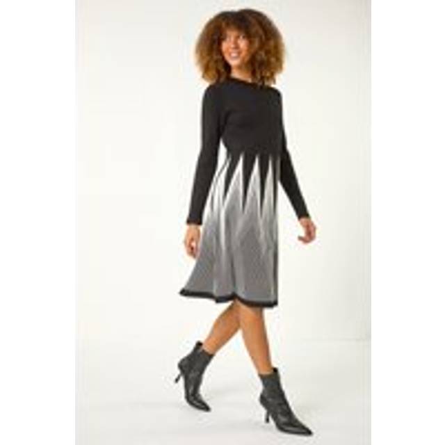 Roman Contrast Pattern Knitted Dress In Black - 10