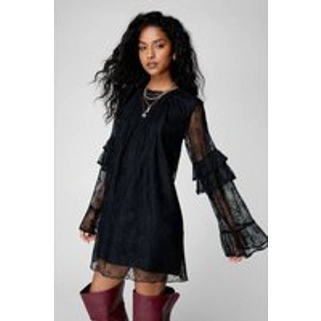 Womens Lace Ruffle Fluted Sleeve Tunic Mini Dress - Black - 10
