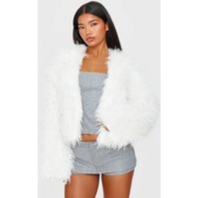 Cream Faux Fur Cropped Coat, White - 8