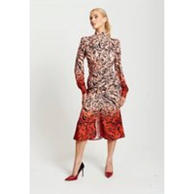 Womens Zebra Print Midi Dress With High Neck And Draped Waist Detail In Orange And Nude - Red - 14