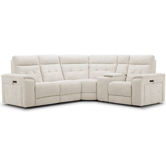 Hopsack Natural Fabric Sofas - Left Hand Corner Recliner, Power Headrest & Wireless Charger - Juno Range - Oak Furnitureland