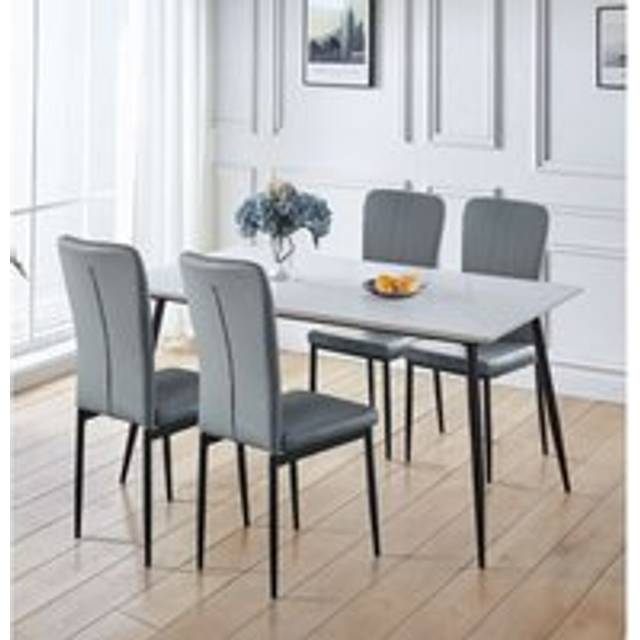Hallowood Furniture Cullompton Large Dining Table and Chairs Set 4, White Marble Effect Top with Black Metal Legs Kitchen Table (160 x 80cm) and Grey