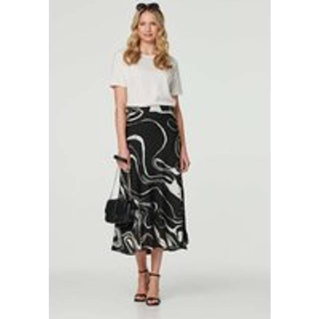 Printed High Waist A-Line Midi Skirt - Black - Size 14 - Izabel London