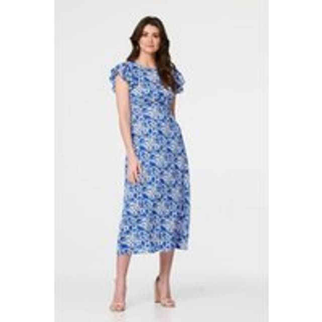 Printed Frill Cap Sleeve Midi Dress - Blue - Size 12 - Izabel London