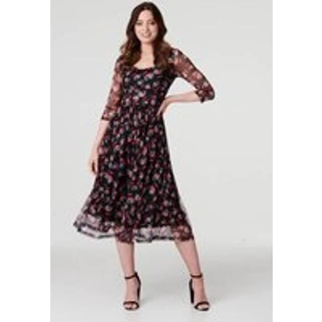 Floral Semi Sheer Ruched Midi Dress - Black - Size 16 - Izabel London