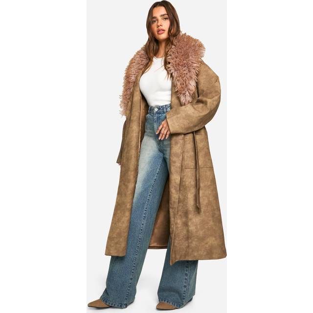 Womens Faux Fur Collar Vintage Look Faux Leather Trench Coat - Brown - 16, Brown
