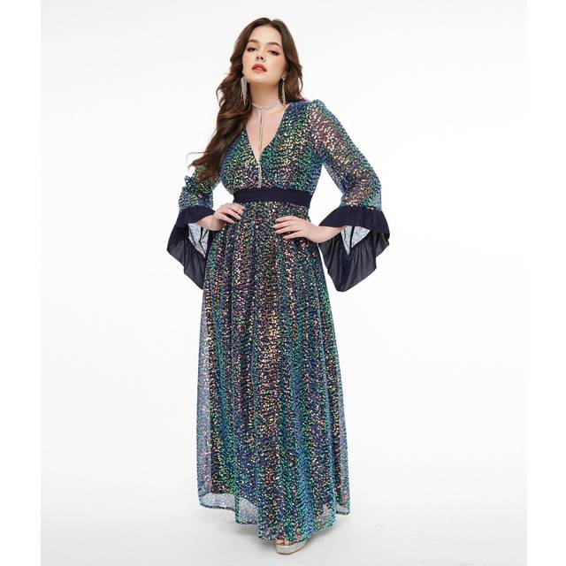 Unique Vintage 1970S Navy Glitter Sequin Maxi Dress - XLarge/14
