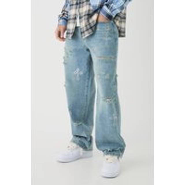 Mens Vintage Blue Relaxed Fit Rhinestone Cross Ripped Jeans