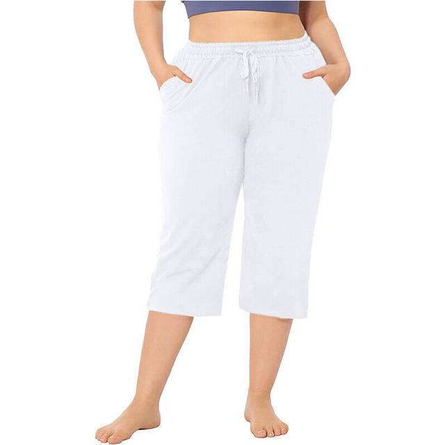 (White, M) Women Palazzo Pant High Waist Pants Ladies Lounge Capri Sport Loungewear Casual
