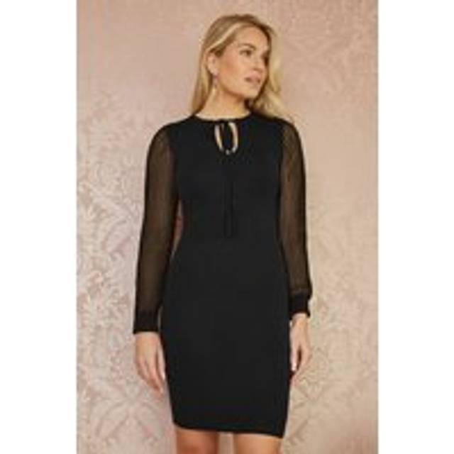 Yumi Black Rib Knit Fitted Dress With Sheer Sleeve Design - Size M UK - Yumi