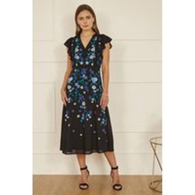 Yumi Black All Over Floral Embroidery Midi Skater Dress - Size 10 UK - Yumi