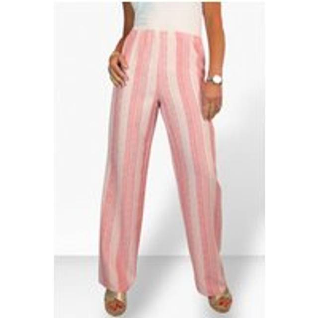Wide Leg Striped Linen Feel Trousers - Coral - 18