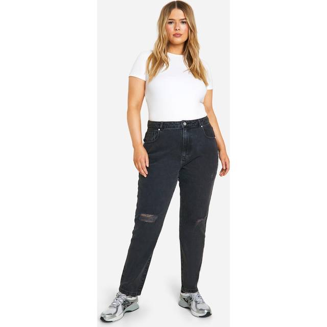 Womens Plus Basics High Waisted Ripped Mom Jeans - Black - 18