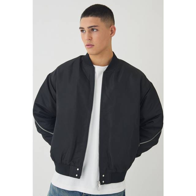 Mens Black Oversized Boxy Zip Detail High Shine Bomber Jacket