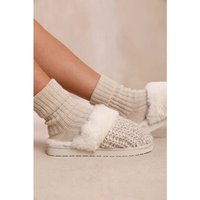 Where's That From Wheres Womens 'Lounge' Slip On Knitted Slippers With Fur Trim - White/Grey - Size UK 9