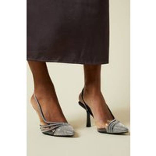 Womens Delphine Diamante Vinyl Slingback Stiletto Heel Court Shoe - Black - 3
