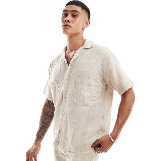 Jack & Jones Premium – Beige, rutig skjorta i linnemix med platt krage, del av set-Naturlig