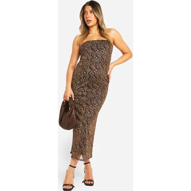 Womens Maternity Snake Print Mesh Bandeau Column Midaxi Dress - Brown - 14, Brown