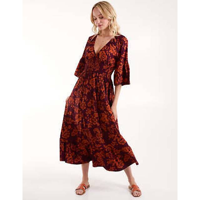 Blue Vanilla Women's Burgundy Shirred Waist Midi Dress New Look - S