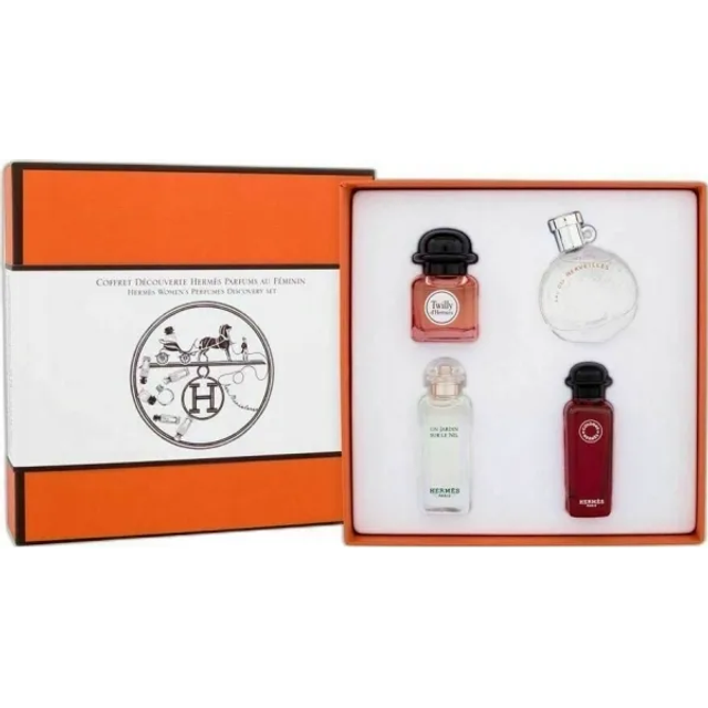 Hermès Miniature Gift Set 7.5ml Un Jardin Sur Le Nil EDT + 7.5ml Eau des Merveilles EDT + 7.5ml Twilly d'Hermes EDP + 7.5ml Eau de Rhubarbe Ecarlate EDC