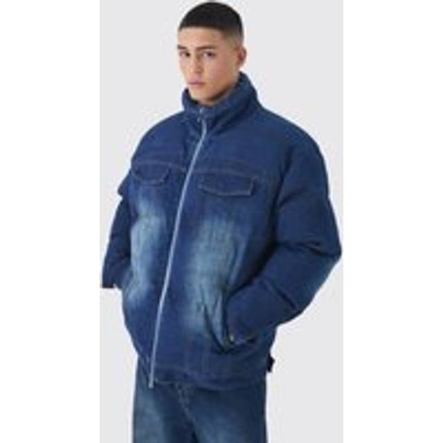 Boxy Oversized Funnel Neck Denim Puffer Jacket - Blue - M