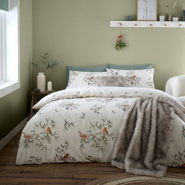 Catherine Lansfield Mistletoe Robins Brushed Duvet Cover Bedding Set Cream