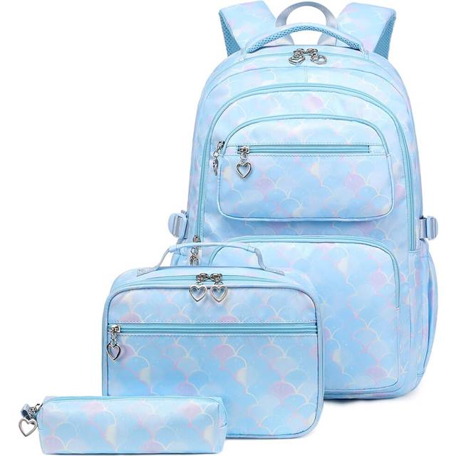 (Blue) 3Pcs Backpack Lunch Bag Set for Girls School Elementary, School Bags Bookbags with Chest Strap