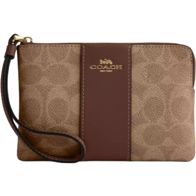 Coach Womens Corner Zip in Signature Canvas with Leather Stripe Bag - Dark Brown - One Size