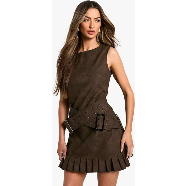 Womens Faux Leather Double Belt Mini Dress - Brown - 8