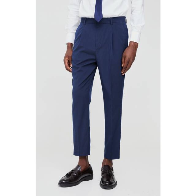 Mens Navy Fixed Waist Pleat Front Tapered Tailored Trousers