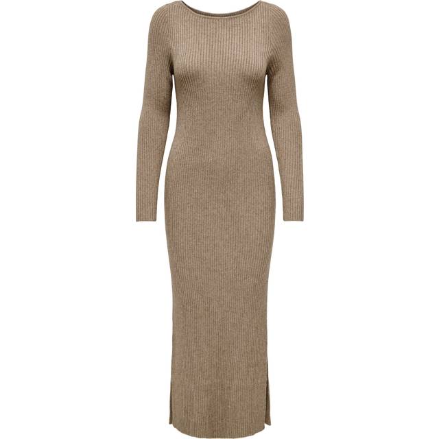 ONLY – Beige, ribbad midaxiklänning med båtringning-Naturlig