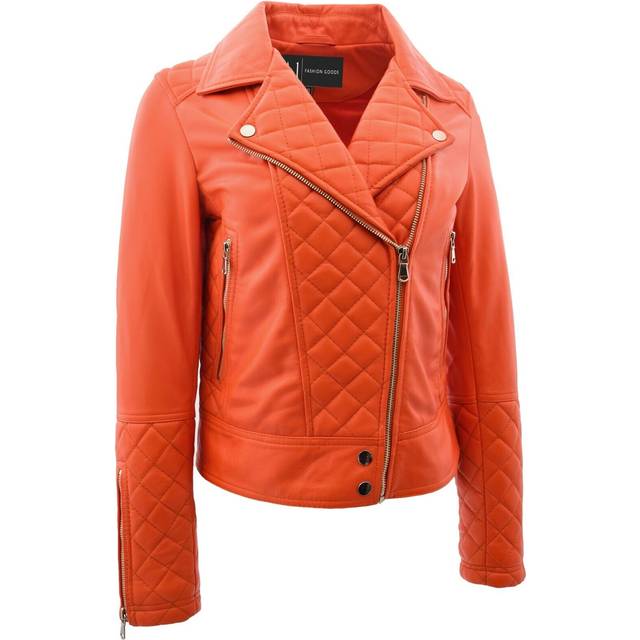 Womens real leather jacket orange fitted quilted trendy biker style bonnie