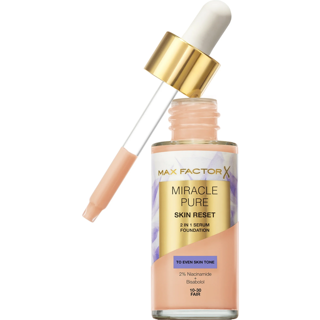 Max Factor Miracle Pure Skin Reset Serum Foundation 10-30 Fair, 2-in-1 Serum Formula, Healthy Looking Skin, Medium Coverage, Satin Matte Finish, 2% Niacinamide, Dermatologically Tested