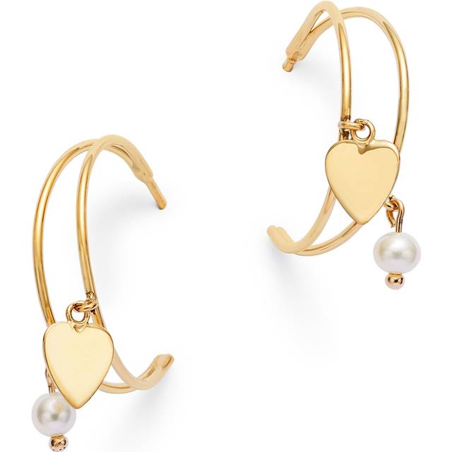 Moon & Meadow 14K Yellow Gold Freshwater Pearl & Polished Heart Dangle Hoop Earrings