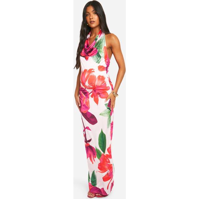Womens Maternity Floral Print Slinky Halterneck Cowl Maxi Dress - Pink - 20