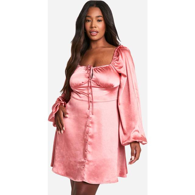 Womens Plus Satin Balloon Sleeve Milkmaid Mini Skater Dress - Pink - 28, Pink