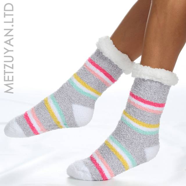 (1 Pair Grey, 4-8) Metzuyan 1 Pair Ladies Thermal Winter Socks Slipper Socks With Sherpa Fleece Lining Non Slip Chunky Socks 4-8
