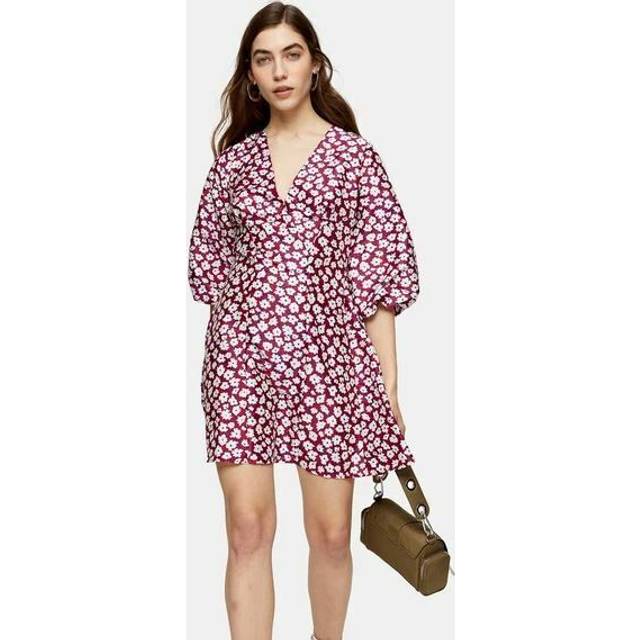 Topshop petite daisy puff mini dress size uk 8 eur 36 us 4 multi red