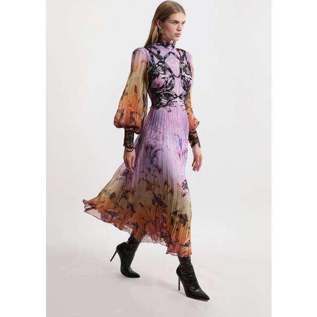 Tall Applique Lace Pleated Woven Maxi Dress - Floral
