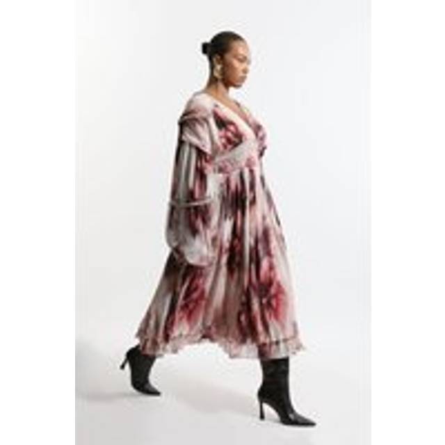 Plus Size Crinkle Woven Midi Dress With Balloon Sleeve And Embellishment - Floral