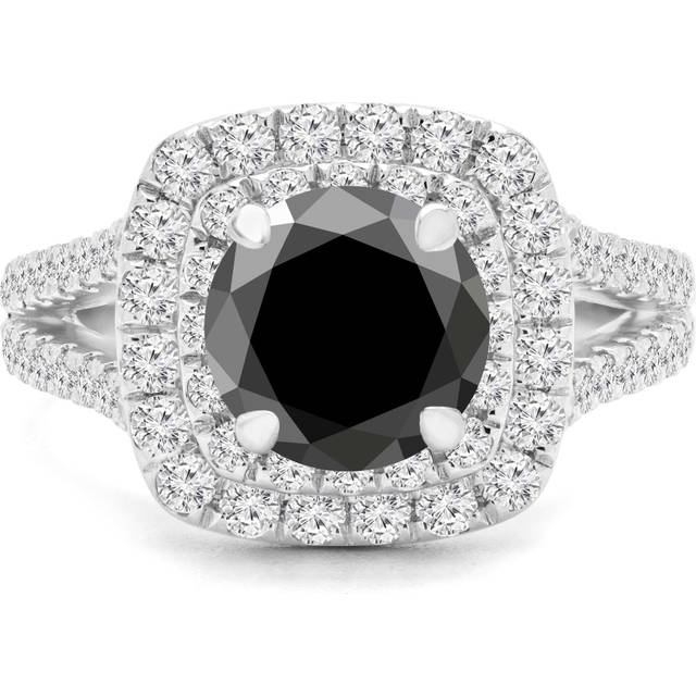 Majesty Diamonds MD240144-3.5 2.5 CTW Round Black Diamond Split-Shank Double Cushion Halo Engagement Ring with Accents in 14K White Gold - Size 3.5