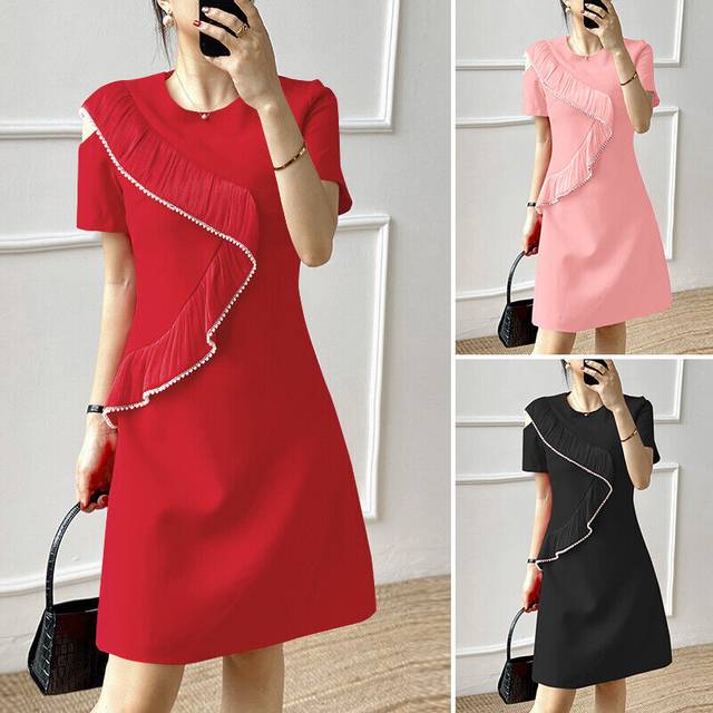 Uk women short sleeve o neck dress ruffled flared ladies ol formal mini dresses