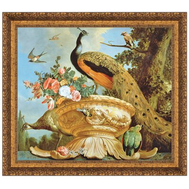 A Peacock On A Decorative Urn Framed Canvas Replica Painting: Grande