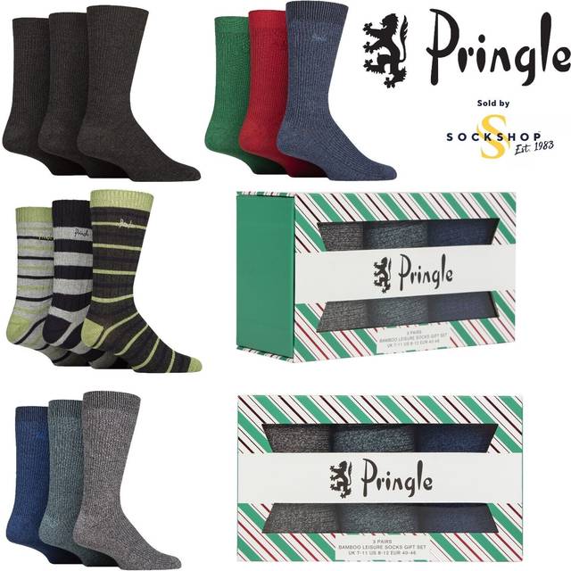 Mens 3 Pair Pringle Bamboo Leisure Socks in Candy Cane Gift Box Blue / Red / Green 7-11 Mens - Assorted